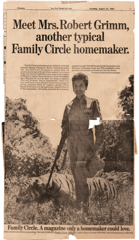 Virginia Kraft poses in an ad for Family Circle, gun in hand, standing next to a fallen tiger.