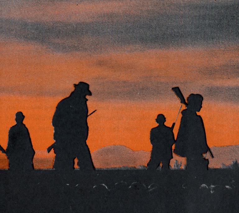 Five silhouttes walk through an orange dawn light, hunting rifles in hand.