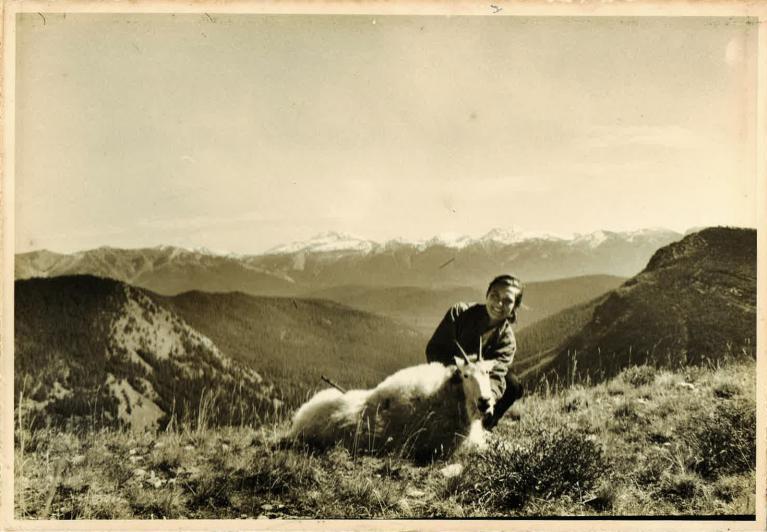 Virginia Kraft kneels next to a mountain goat in front of a mountainous Montana horizon.